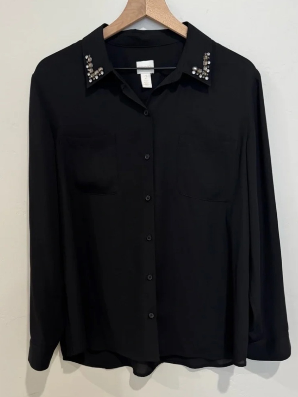 Chico's Black Button Front Blouse Women's Large Embellished Career Work Top